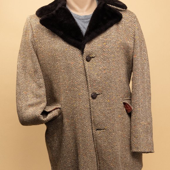 Vintage Men's Winter Trench Jacket Tweed Faux Fur - Picture 2 of 3